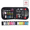 A black sewing kit storage bag containing 68 pack of various thread colors and sewing tools.