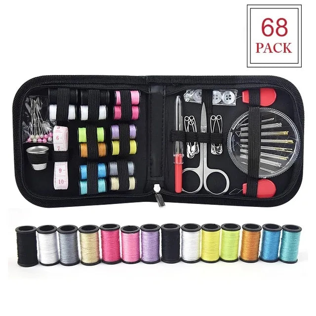 A black sewing kit storage bag containing 68 pack of various thread colors and sewing tools.