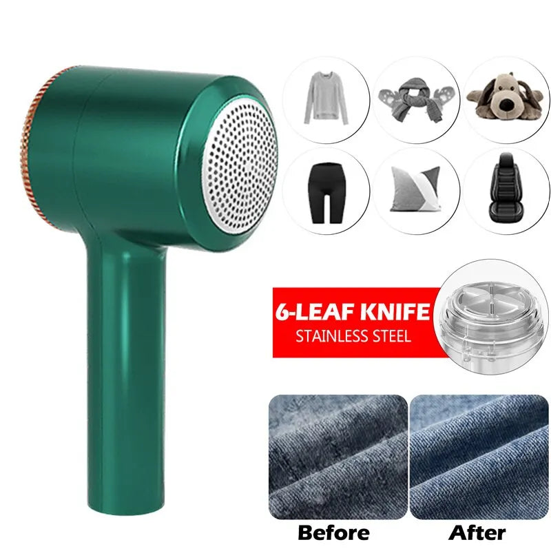 A green rechargeable electric lint remover with a long handle and various lint removal tools.