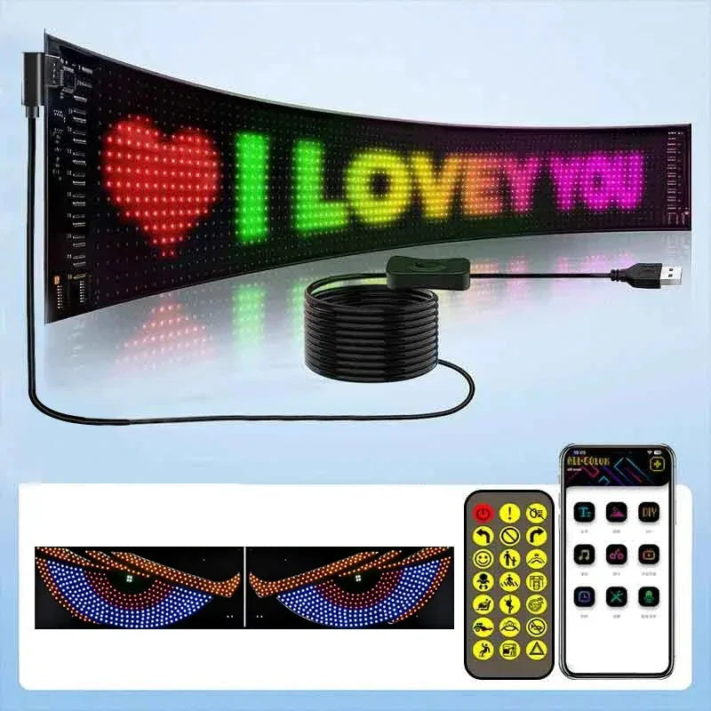 A flexible USB LED matrix display showing the text I LOVE YOU in bright green and purple lights.
