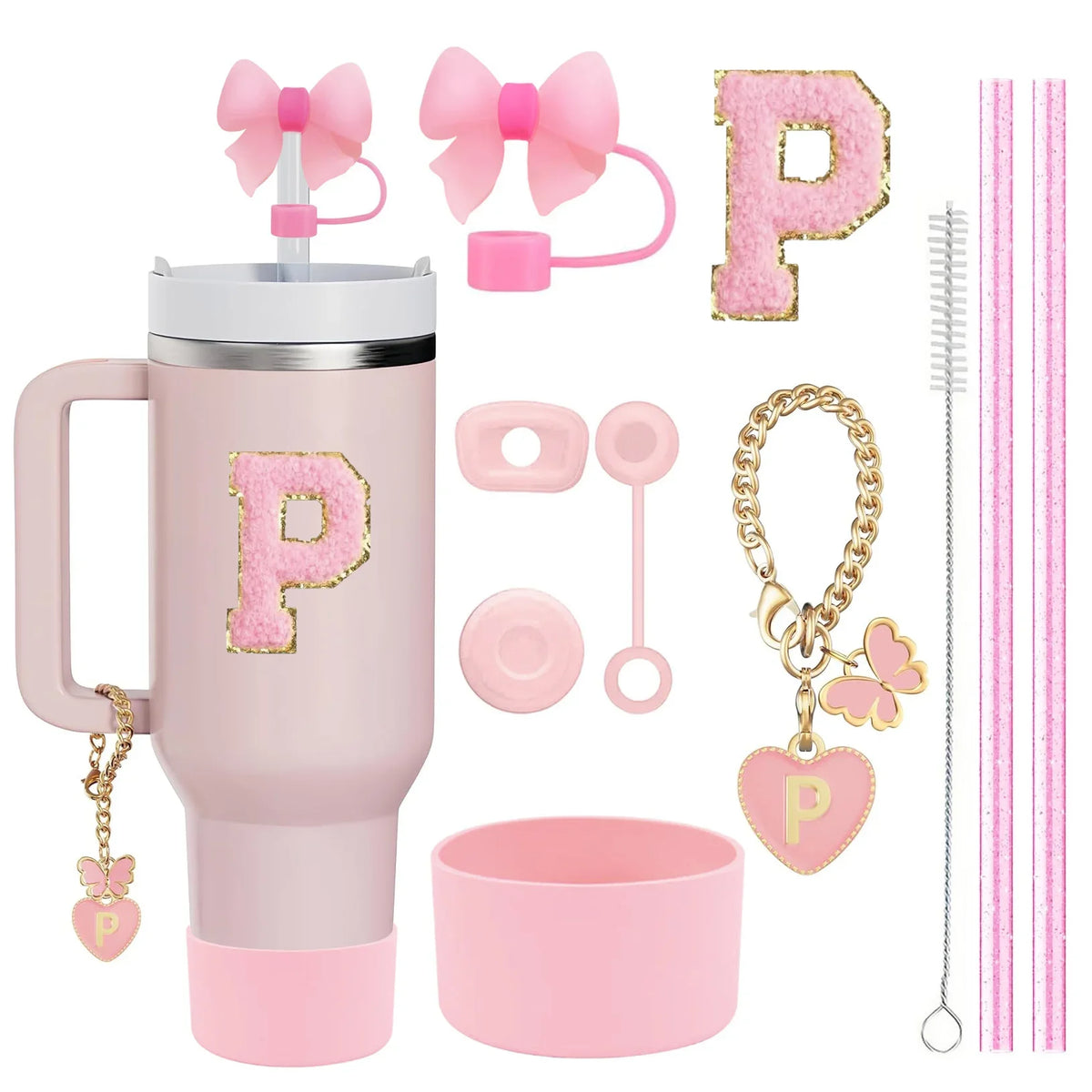 A pink Stanley tumbler accessory set featuring a lid, straw, brush, and heart charm.