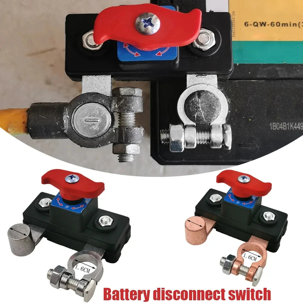 A battery disconnect switch with red and blue levers and silver terminals for automotive use.