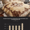 A beige weighted blanket is displayed on a bed, next to a bar chart showing its features like softness, breathability, washab