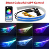 A white LED light bar with colorful RGB lights and an accompanying controller cable, shown alongside various light patterns.