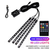 An RGB LED car interior ambient light kit with a remote control and music sync feature.