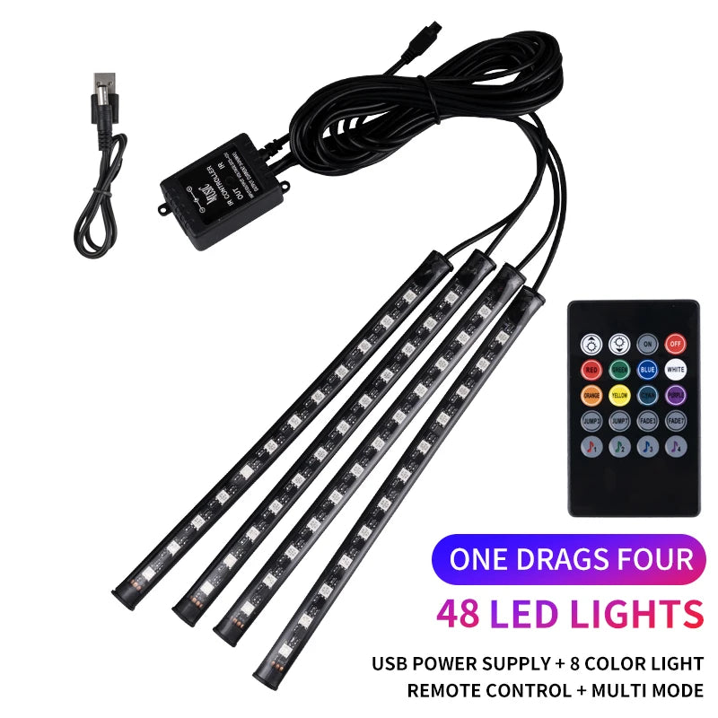An RGB LED car interior ambient light kit with a remote control and music sync feature.