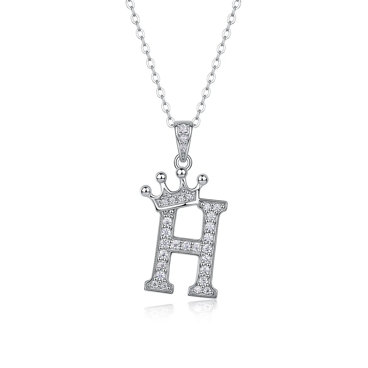 A sterling silver moissanite letter H pendant necklace with a delicate chain.