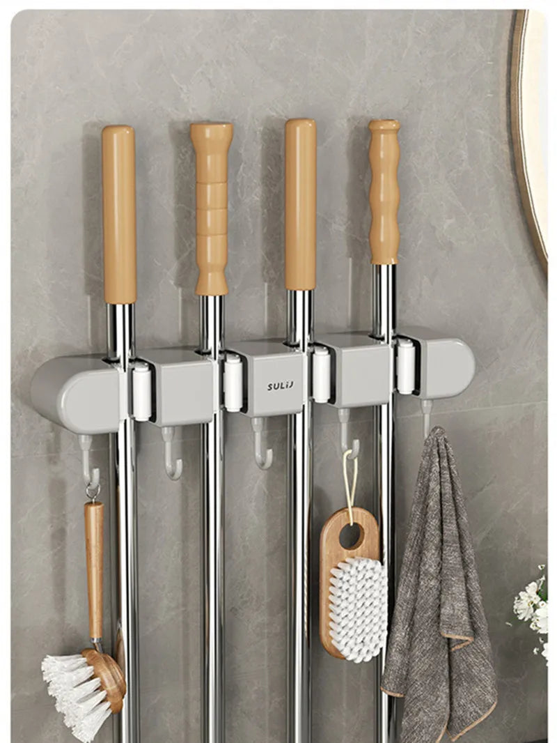 Wall-Mounted Mop and Broom Holder with Adhesive Mount