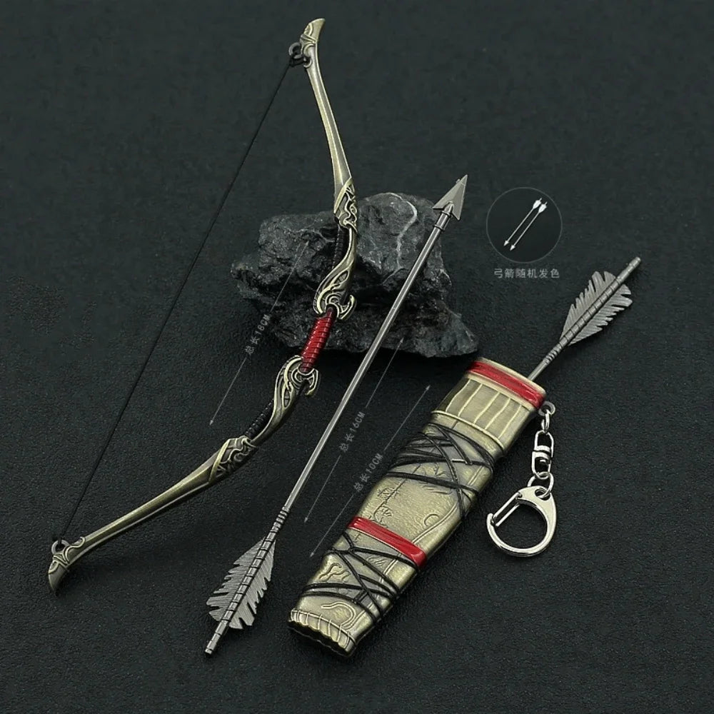 A metal sword keychain and collectible ornament featuring a blade, quiver, and decorative elements on a dark background.