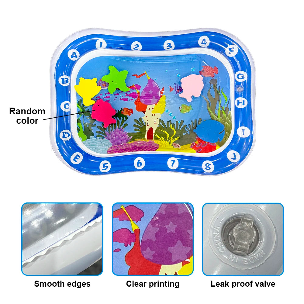 Blue inflatable ocean-themed water play mat for baby sensory development featuring smooth edges, clear printing, and a leak p