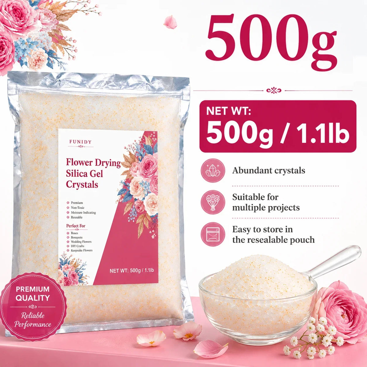 A package of flower drying silica gel crystals next to pink and floral elements.