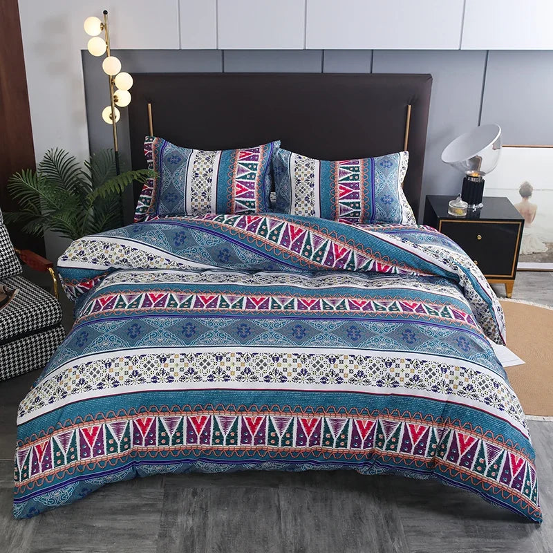 Boho striped geometric duvet cover set featuring blue, purple, and white patterns on a bed.