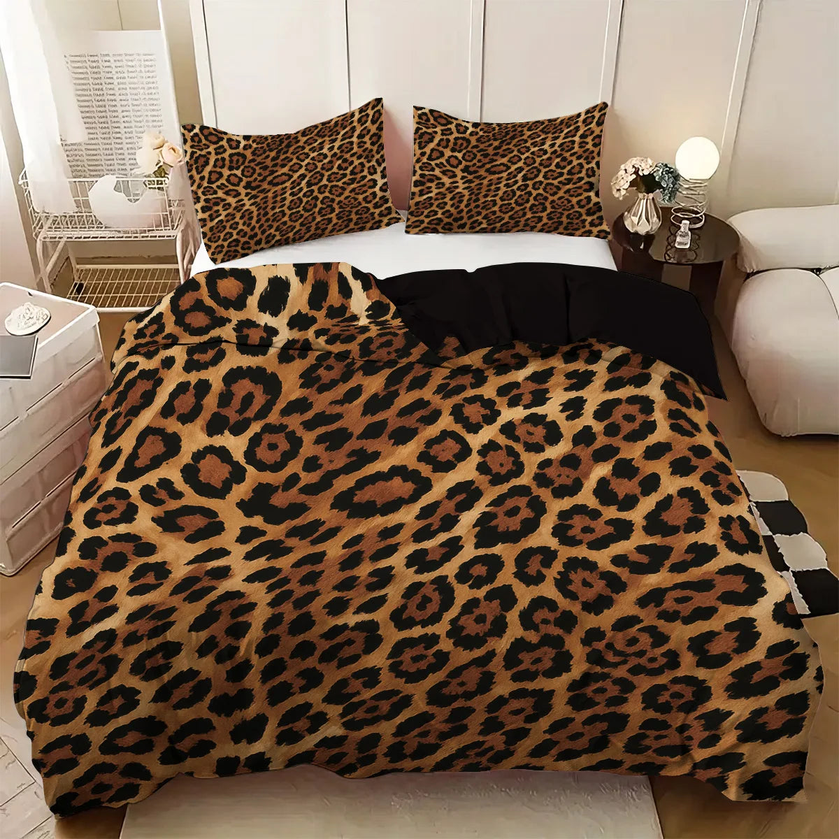 A brown leopard print duvet cover set with matching pillowcases displayed on a bed.