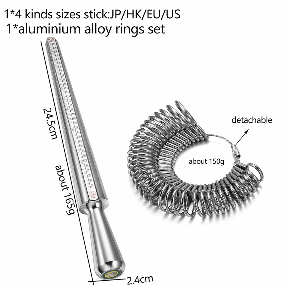 A silver metal ring sizing gauge with a cone and a detachable alloy rings set.