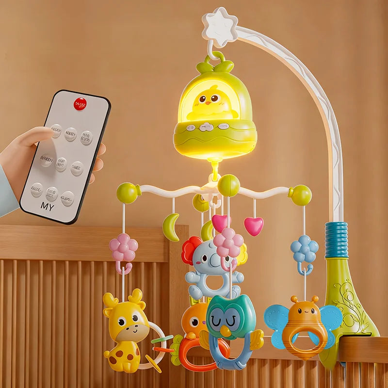 A musical crib mobile featuring a yellow rattle and various animal toys hanging from a curved wooden structure.