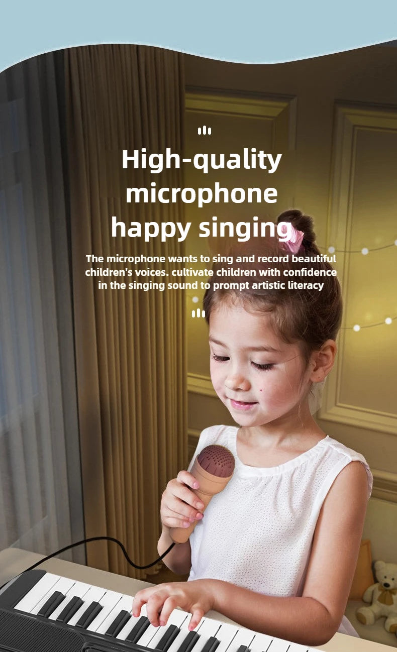 A young girl is singing into a microphone while playing an electronic piano.