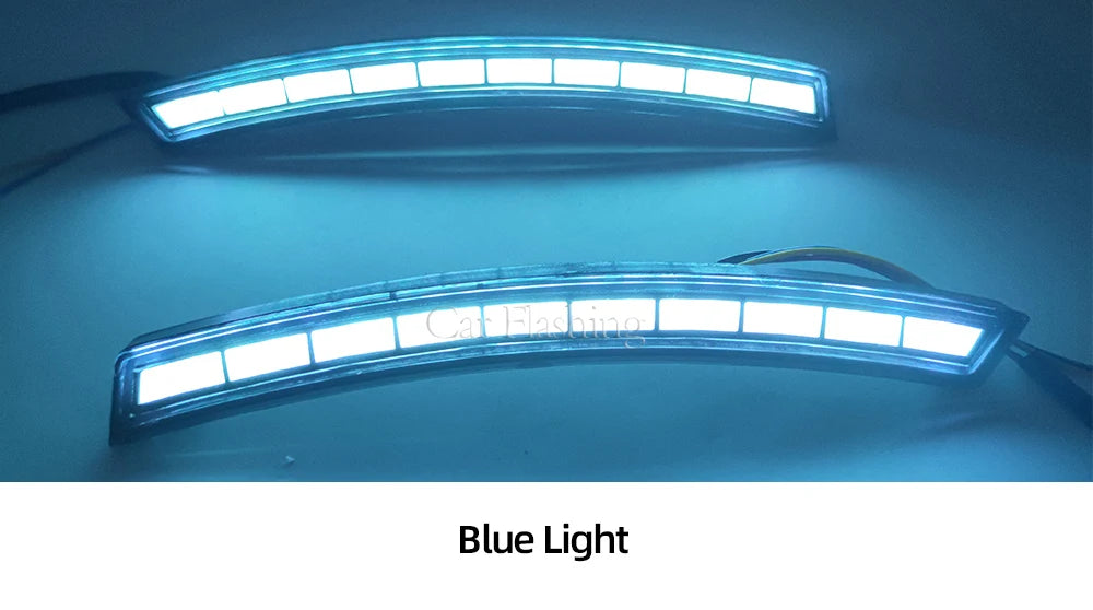 Blue LED daytime running lights for a vehicle, showing bright blue illumination.