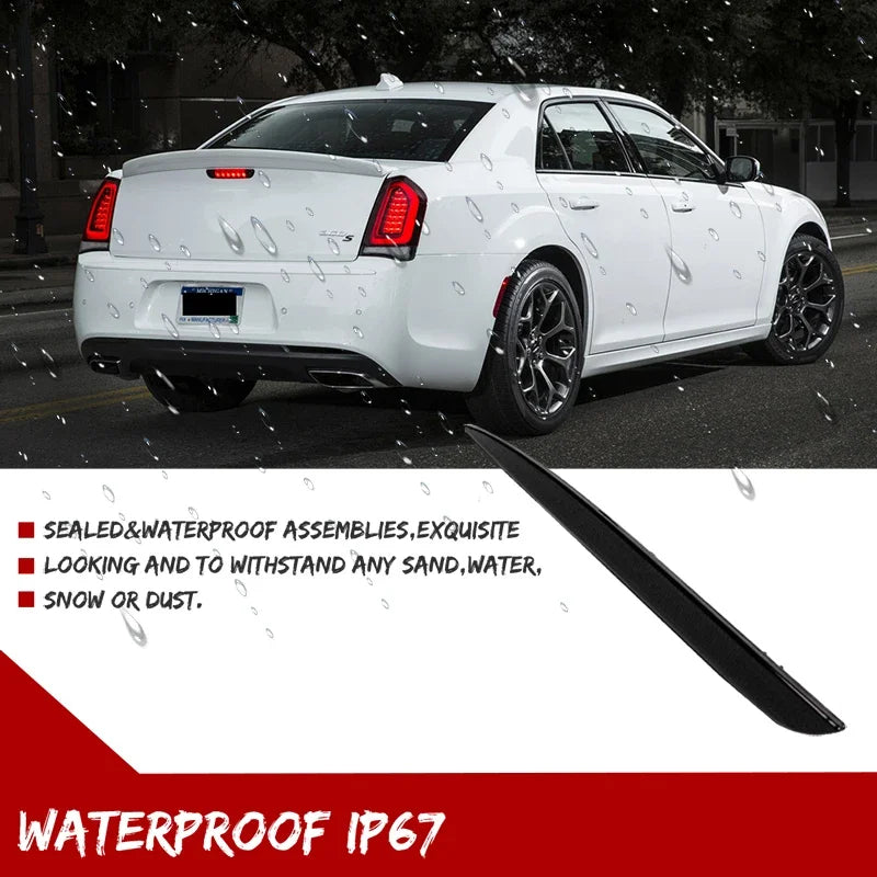 Close-up of a white Chrysler 300 with black rear bumper reflector light covers installed, demonstrating waterproof IP67 prote