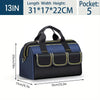 A navy blue tool organizer bag with multiple compartments and a black handle is shown from the top view.