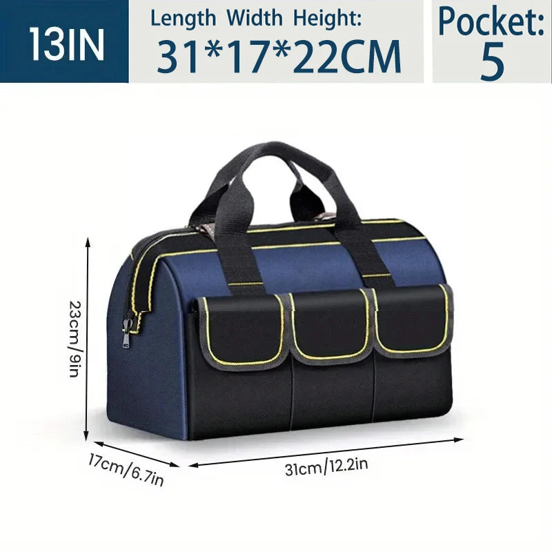 A navy blue tool organizer bag with multiple compartments and a black handle is shown from the top view.