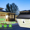 A black solar wall lamp is shown outdoors with a house in the background, highlighting its features like 176 LED beads and IP
