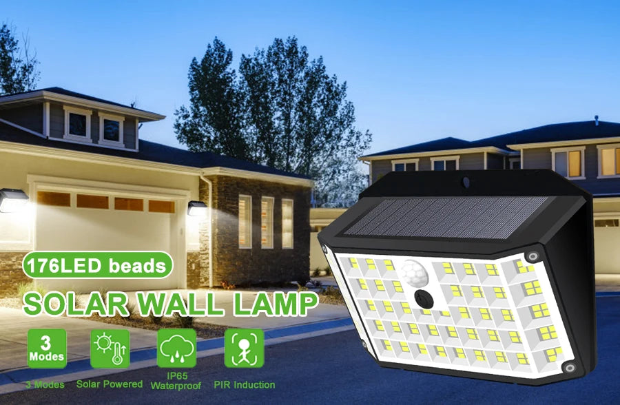 A black solar wall lamp is shown outdoors with a house in the background, highlighting its features like 176 LED beads and IP