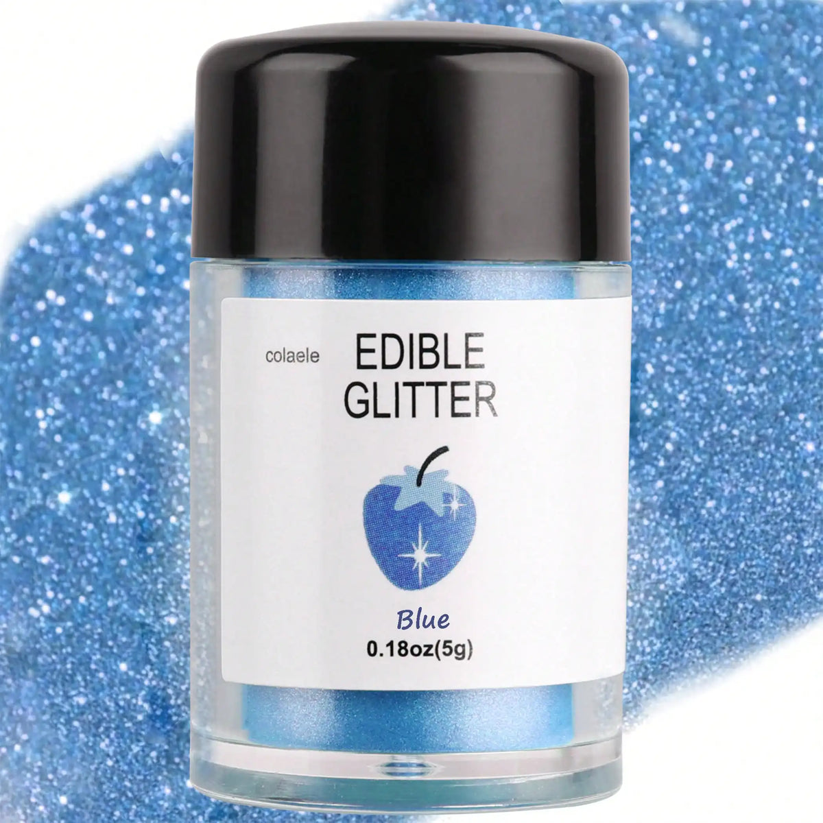 A glass jar of blue edible glitter powder labeled Blue 0.18oz for baking and dessert decoration
