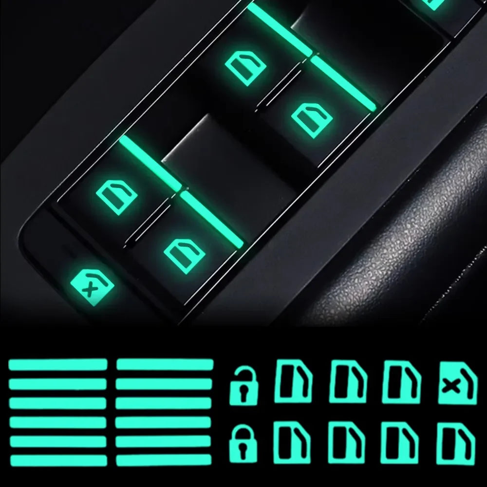 Close-up view of a black car window switch with glowing green LED indicators and a set of digital stickers.