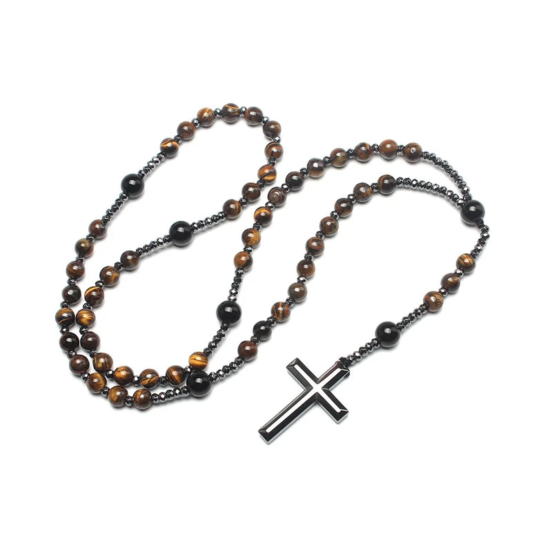 Collar con Colgante de Cruz de Piedra de Ojo de Tigre