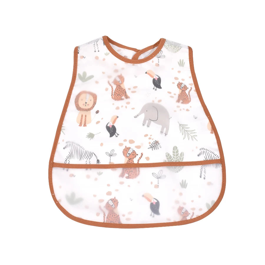 A white baby feeding bib with a brown trim featuring various animal illustrations.