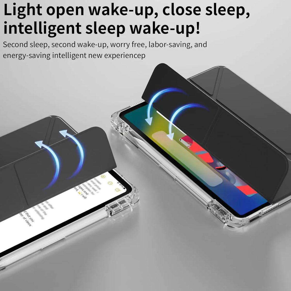 A foldable clear iPad case demonstrating an intelligent sleep wake-up feature with blue arrows showing the transition between