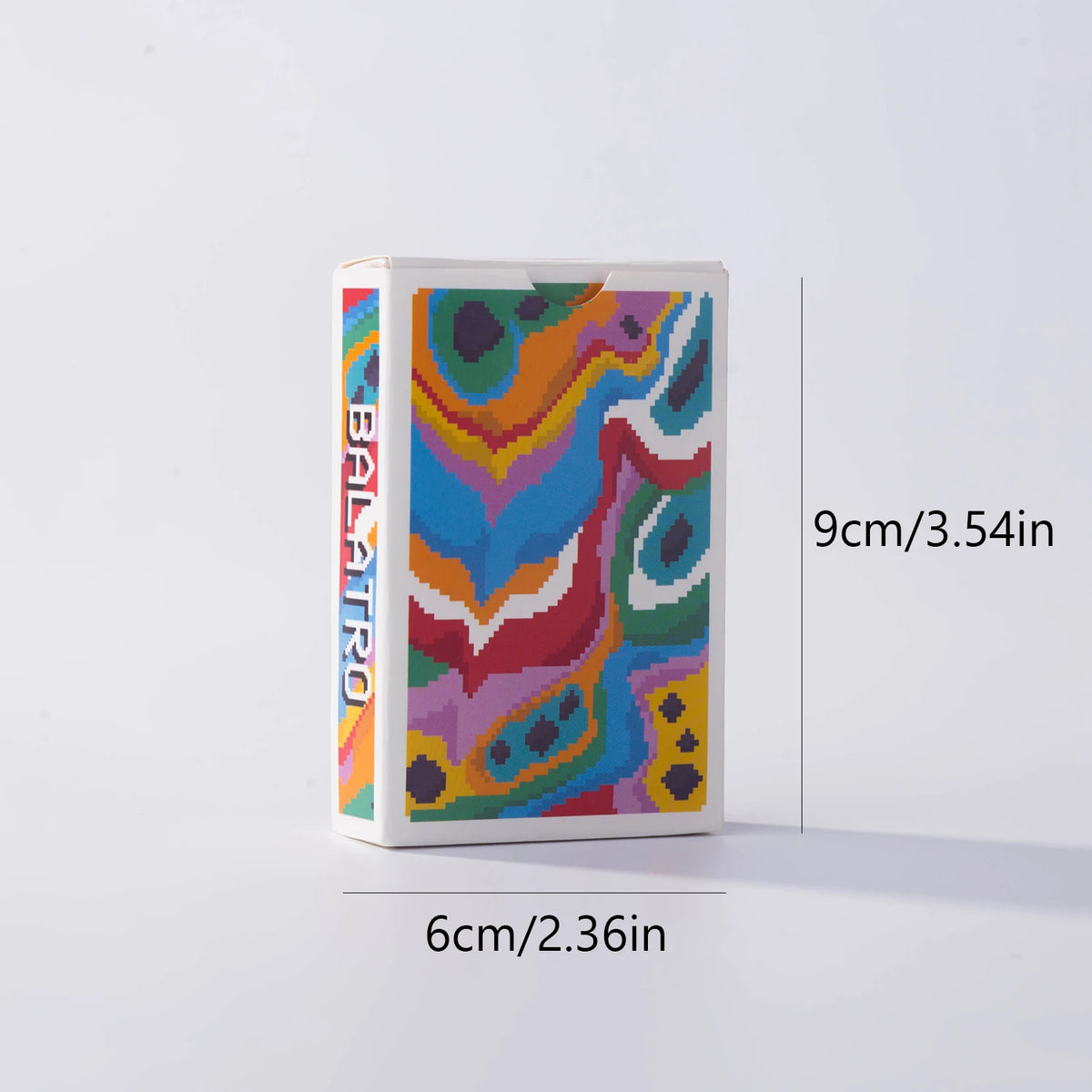 A vertical box containing a classic poker card set with colorful, abstract patterns.