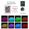 An RGB LED strip light set with a 24-key remote control and battery, showing various color options.