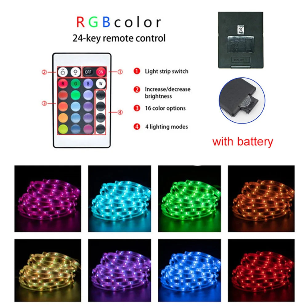 An RGB LED strip light set with a 24-key remote control and battery, showing various colors and lighting modes.