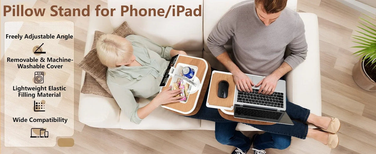 A person is using a pillow stand for a phone or iPad, which functions as a lap desk.