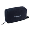 Black hanging travel toiletry bag with the text Travel Season printed on it