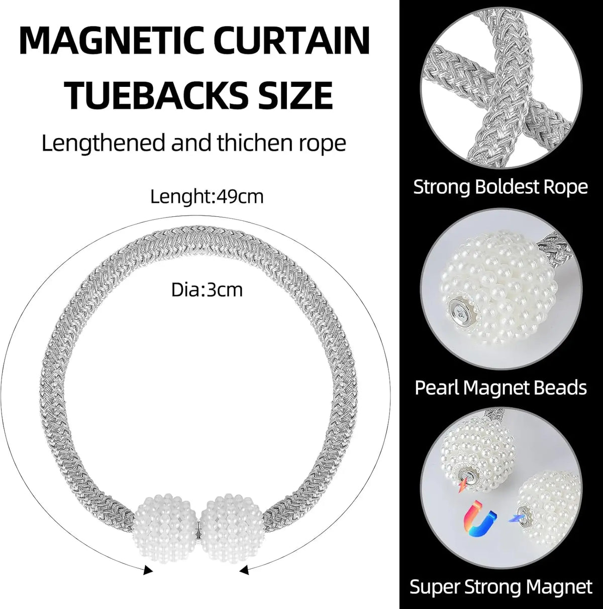 Silver pearl magnetic curtain tiebacks with lengthened and thickened rope for strong hold