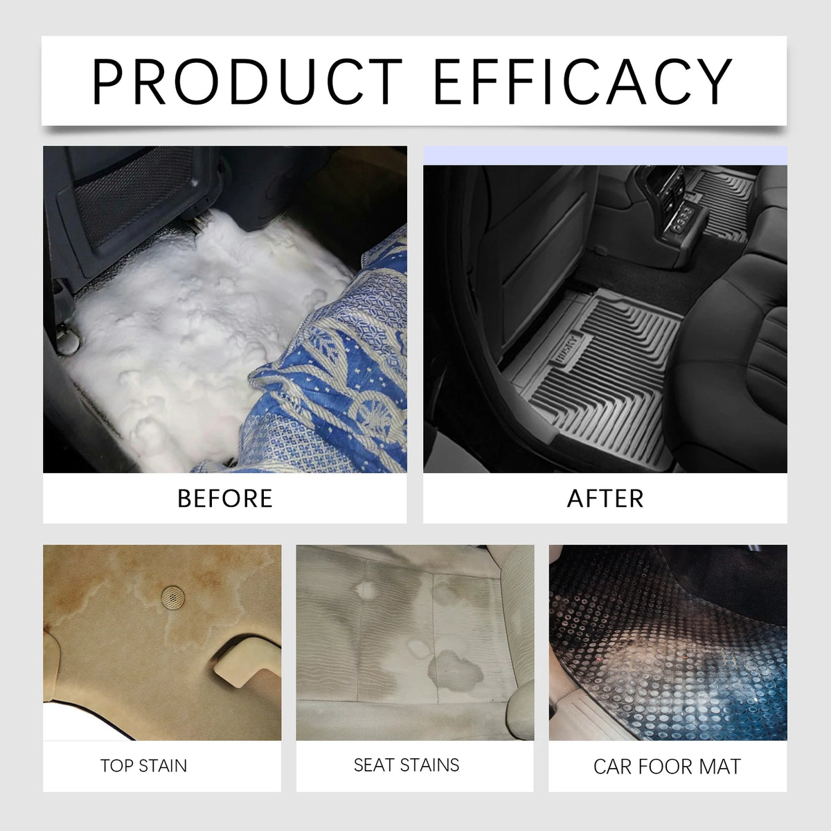 Before and after images showing the effectiveness of a car interior cleaner on stains in upholstery and a car floor mat.