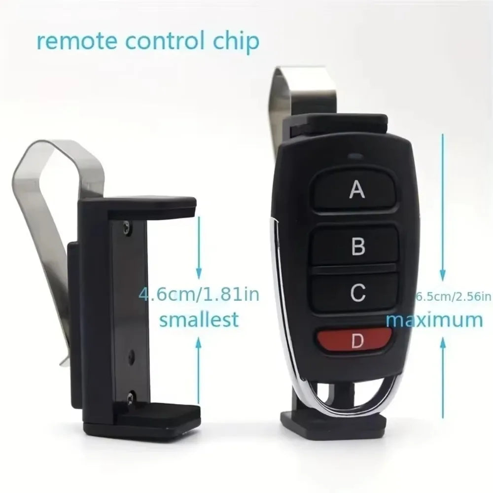 A black remote control chip holder with four labeled buttons A, B, C, and D is shown next to a clip.