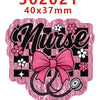 Pink glitter acrylic nurse badge charms set with a black and white checkered background