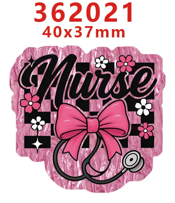 Pink glitter acrylic nurse badge charms set with a black and white checkered background