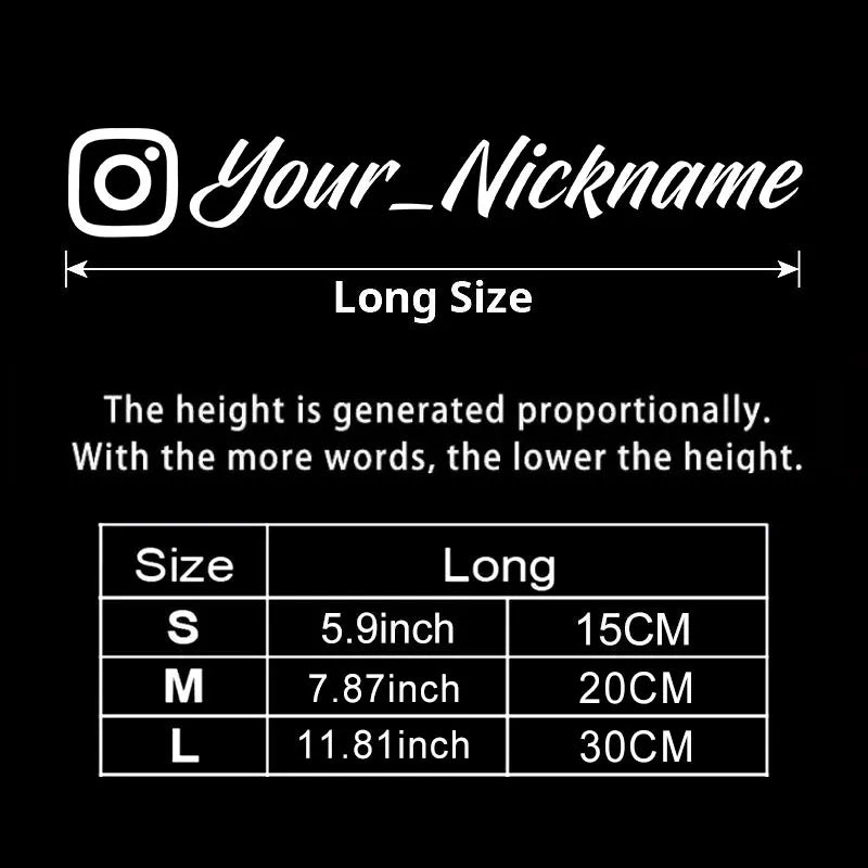 A comparison chart showing the height of a custom name motorcycle helmet decal sticker in inches and centimeters for sizes S,