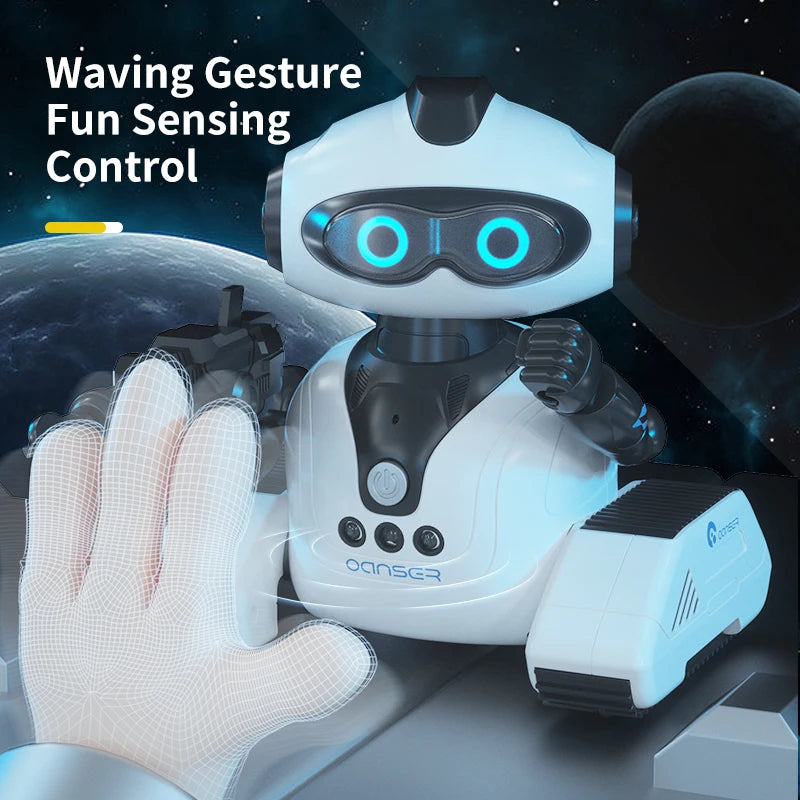 A white robot toy with glowing blue eyes is shown interacting with a hand, demonstrating waving gesture fun sensing control.