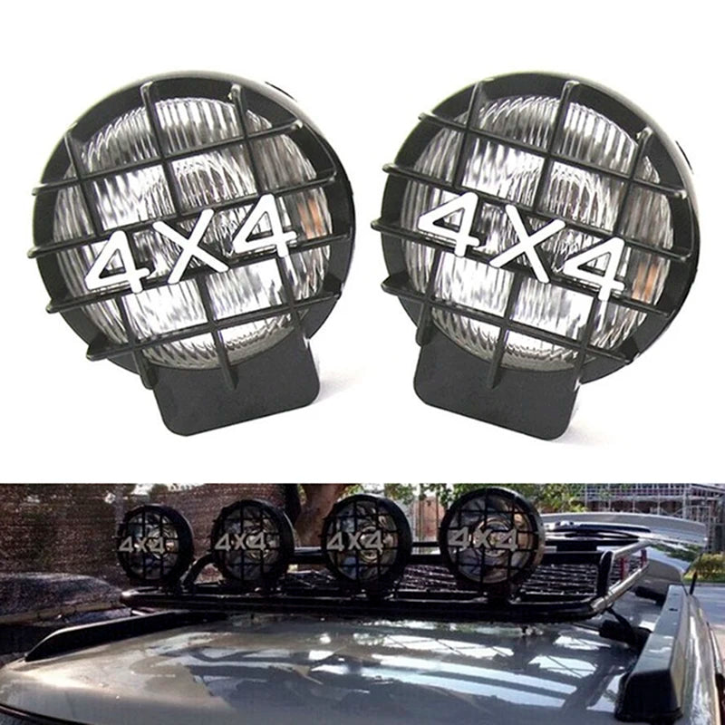 A pair of 4x4 round LED-Halogen fog lights mounted on a vehicle roof rack.