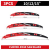 Three curved-edge saw blades of varying lengths, 10, 12, and 15 inches, for wood pruning.