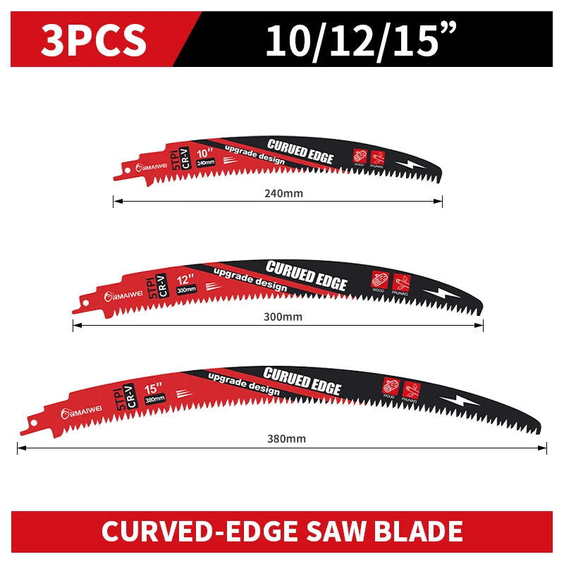 Three curved-edge saw blades of varying lengths, 10, 12, and 15 inches, for wood pruning.