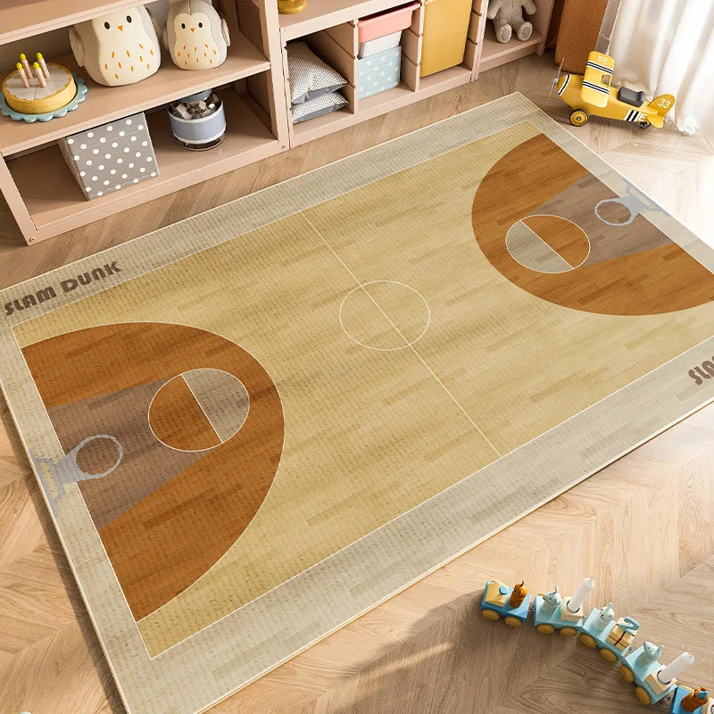 A rectangular play mat featuring a basketball court design for kids in a nursery or playroom.