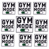 A set of ten embroidered gym mode iron-on patches featuring the text GYM MODE ON