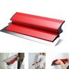 A professional skimming blade with a red and silver finish is shown in various angles for wall finishing.