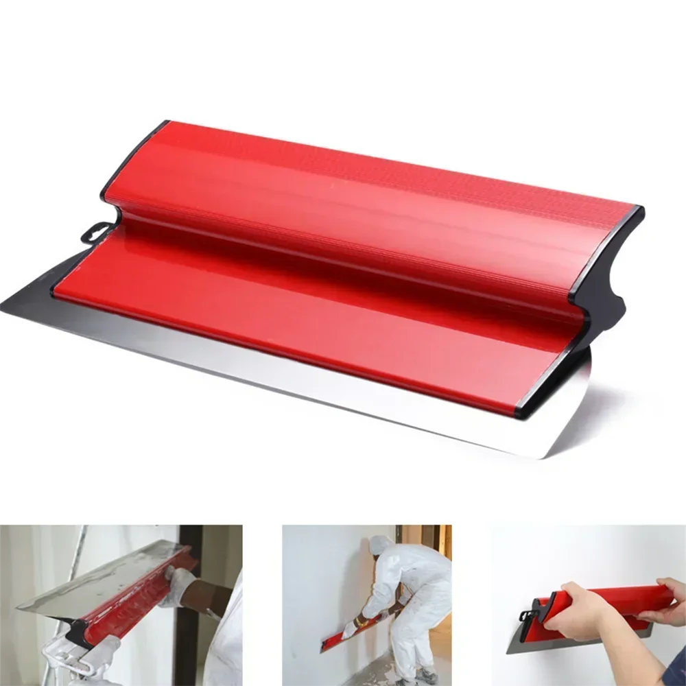 A professional skimming blade with a red and silver finish is shown in various angles for wall finishing.
